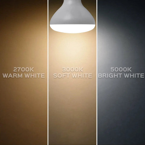Color temperatures of 12 Pack BR30 LED Flood Light Bulbs With 65W Equivalent And 10W Low Power, dimmable warm, soft, bright white