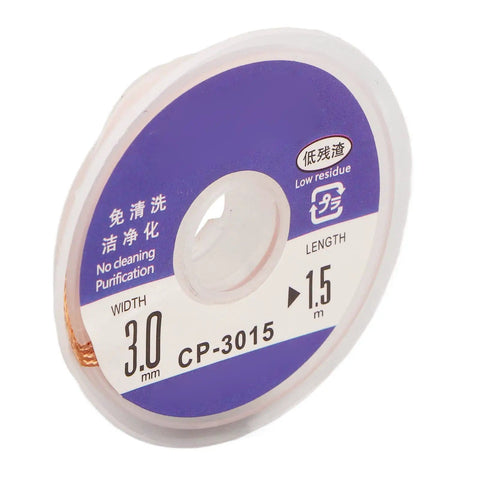 Pro Grade Desoldering Wick For PCB Repair showing 1.5m red copper solder wick with fast thermal response in labeled spool
