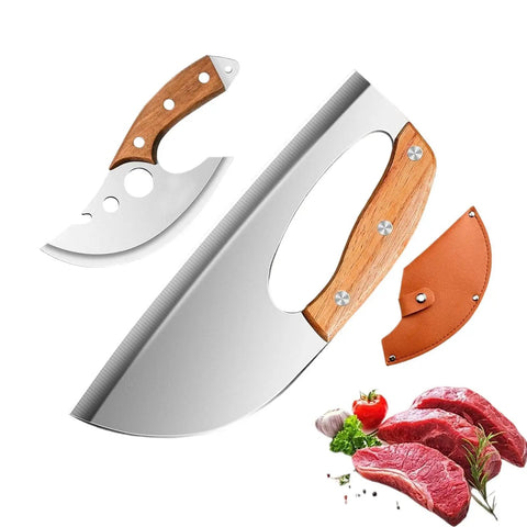 Heavy Duty Stainless Steel Meat Cleaver And 2 Piece Kitchen Chopper Set with non-slip grip and wood handle, leather sheath included.