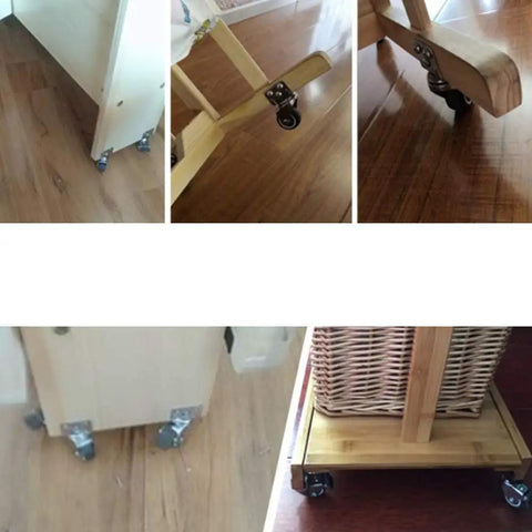 Four Pack L Shaped Caster Mounting Plates Featuring Rubber Brake Lock Wheels Heavy Duty Sealed Bearings Hassle Free Setup Glides Like Butter Floor Safe Top Shelf Universal Furniture Hardware