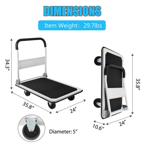 Heavy Duty Foldable Platform Truck With 880 Lb Capacity dimensions and foldable feature for industrial and home use.