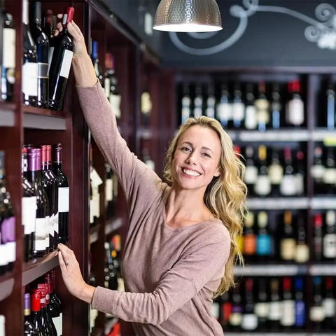 Woman in a wine store reaching for a bottle on a shelf, surrounded by various wines.