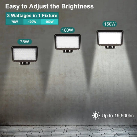 Built Tough Adjustable 150W LED Flood Light with Dusk To Dawn Photocell showing 75W, 100W, 150W modes illuminating a wall