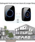 Diagram of Waterproof Wireless Doorbell Kit With Front And Rear Door Distinction, over 1000 feet range shown with house layout.