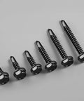 Top Grade 10 Gauge X 3/4 Inch Self Drilling Screws, 58 Pack Black Zinc Hex Washer Head Sheet Metal Fasteners in various sizes.