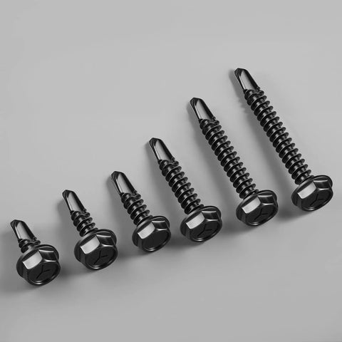 Top Grade 10 Gauge X 3/4 Inch Self Drilling Screws, 58 Pack Black Zinc Hex Washer Head Sheet Metal Fasteners in various sizes.