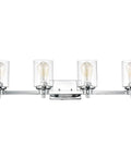 Chrome Farmhouse 4 Light Gooseneck Vanity Light Dope Industrial Style Wall Sconce with glass shades and steel frame.