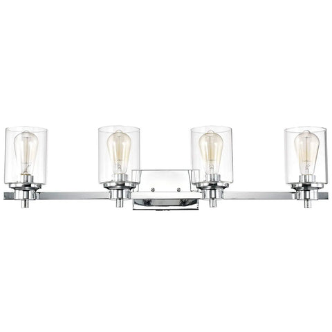 Chrome Farmhouse 4 Light Gooseneck Vanity Light Dope Industrial Style Wall Sconce with glass shades and steel frame.