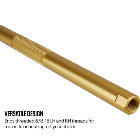 Beefed Up Heavy Duty Aluminum Tie Rod Sleeve Seven Eighths Inch OD Ten Inch Long 6061T6 Anodized Adjustable Tube, gold threaded end