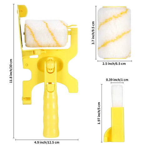 2 Sets Paint Edger Kit With Handheld Clean Cut Edger Roller Brush For Precise Room Wall And Ceiling Painting Includes Extra Replacement Rollers And Small Brushes Ideal For Indoors And Outdoors Easy To Use No Mess. Image shows yellow paint edger with roller, dimensions marked.
