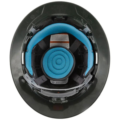 Interior view of a Vented Full Brim Hard Hat With KARBN Pattern, featuring padded sweat-wicking sweatband and top pad.