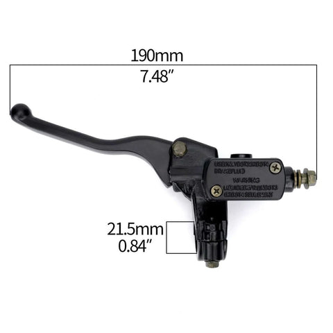 Left Hydraulic Brake Clutch Master Cylinder Lever With 8mm Banjo Bolt For 7 8 Inch Handlebars Fits Hydraulic Brake Or Clutch Systems On 90cc 110cc 125cc Chinese Pit Dirt Bikes Built To Last, side view with measurements