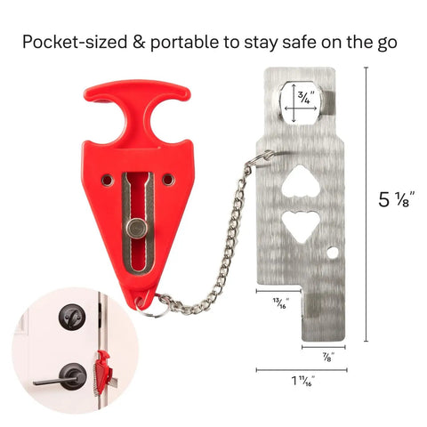 Portable Door Lock Travel Security For Hotels Dorms Instant Setup No Tools Needed Includes 2 Pack with chain detail and dimensions.