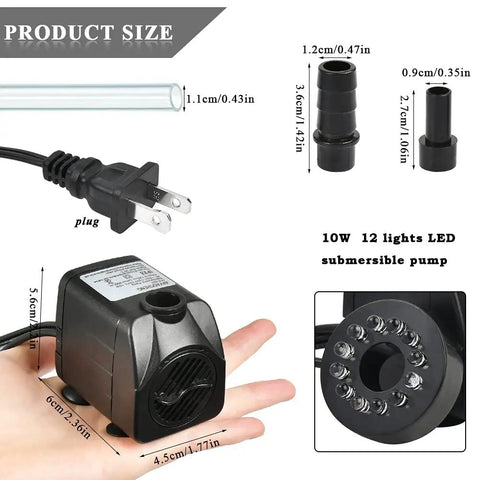 Super Quiet 10W Submersible Fountain Pump With 160 GPH Flow And 12 LED Lights, compact design, shown with plug, nozzles, and dimensions.