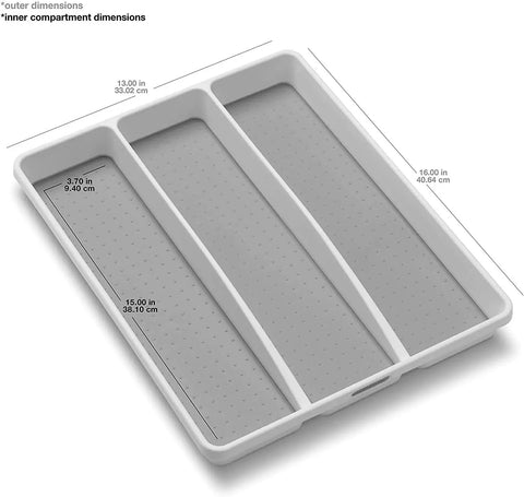Three Compartment Utensil Tray For Kitchen Drawers With Deep Storage And Non Slip Lining Perfect For Ladles Whisks And Serving Tools Also Great For Makeup And Bathroom Storage White