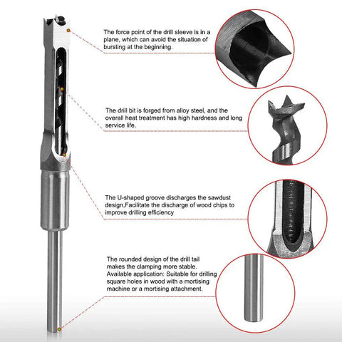 Square Hole Drill Bit Set For Woodworking, 7 Piece Mortising Chisel Bits in detailed alloy steel construction with features labeled