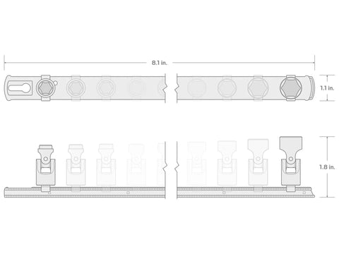 Diagram of 1/4 Inch Drive 6 Point Universal Joint Socket Set With Rail, showing dimensions for tight space automotive repairs.