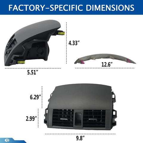 Gray RARAYC dashboard trim kit for Toyota Corolla 2008–2013; center dash A/C vent panel with left and right trim strips.