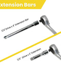 Quarter inch drive ratchet with 2-inch and 4-inch extension bars, part of the Three Eighths Inch Drive Impact Socket Set, 30 Piece Metric Deep And Shallow Socket Kit With Storage Case, Garage Ready Mechanics Tool Set For Cars Motorcycles And Bicycles, Includes Extension Bar And Universal Joint.