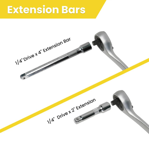 Quarter inch drive ratchet with 2-inch and 4-inch extension bars, part of the Three Eighths Inch Drive Impact Socket Set, 30 Piece Metric Deep And Shallow Socket Kit With Storage Case, Garage Ready Mechanics Tool Set For Cars Motorcycles And Bicycles, Includes Extension Bar And Universal Joint.