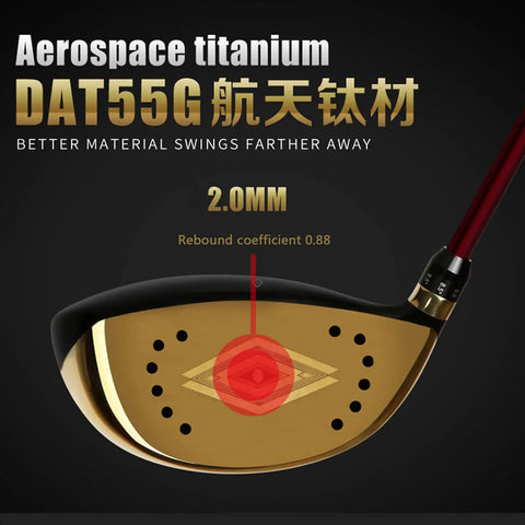 Aerodynamic Titanium Golf Driver For Men Featuring Slotted Carbon Shaft And Rear Mass Weighting, showing DAT55G face and 2.0mm design.