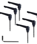 Heavy Duty Clamping Lever Handles With Quick Release Push Button Locking, 304 Stainless Steel M6 X 45mm Stud, Black Non Slip Grip, 6 Pack displayed with hex key.