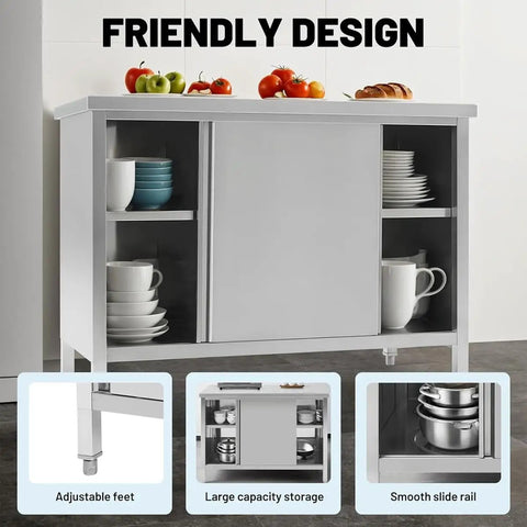 Bulletproof Stainless Steel Prep Table Featuring Sliding Door Storage Cabinet Nsf Certified Commercial Kitchen Workbench Tough Restaurant And Garage Station 71 By 31 Inches with adjustable feet and large storage.