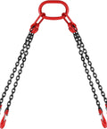 Four-leg engine lifting chain sling with red lifting rings and hooks, black chains, 5 ft long, 5/16 in steel.