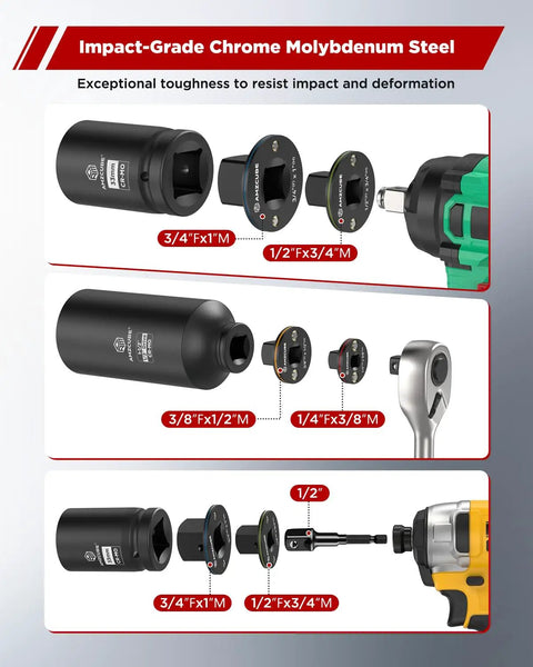 Low Profile Impact Socket Adapter Set With Color Coded Cr-Mo Drive Adapters From 1/4 To 1 Inch For Tight Spots exploded view