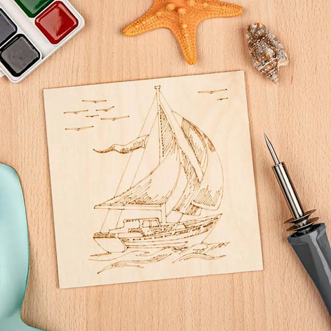 Kickass 18 Pack Premium Basswood Sheets 6 By 6 Inch One Sixteenth Thick Wood Panels with engraved sailboat design.
