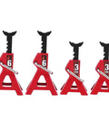 Front view: four red metal toy jack stands with black lifting posts and silver pins; 3/6 ton rating.