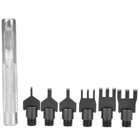 Flat Prong Leather Chisel Set With Interchangeable Heads Carbon Steel Leather Punch Tool For DIY Leather Craft High Hardness Durable Leatherworking Kit For Grooving And Stitching shown with 6 heads