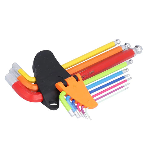 Super Cool 9 Piece Hex Wrench Set With Chrome Steel Ball Heads In Vibrant Colors For DIYers And Pros To Fix Stuff Fast And Keep Your Tools Organized. color-coded ball-end metric hex keys with holder