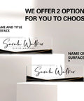 Personalized Acrylic Desk Name Plate With Custom Text For Your Name Or Title, Sleek Black Stripe Office Decor, two options shown.