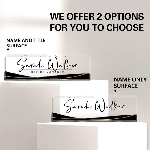 Personalized Acrylic Desk Name Plate With Custom Text For Your Name Or Title, Sleek Black Stripe Office Decor, two options shown.