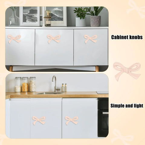 White cupboards with Six Pack Bow Shaped Cabinet Knobs With Screws In Light Pink adding vintage style to kitchen decor