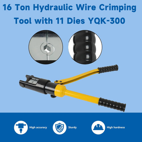 16 Ton Hydraulic Wire Lug Terminal Crimping Tool With 11 Dies YQK 300, black and yellow design, high accuracy and sturdy build.