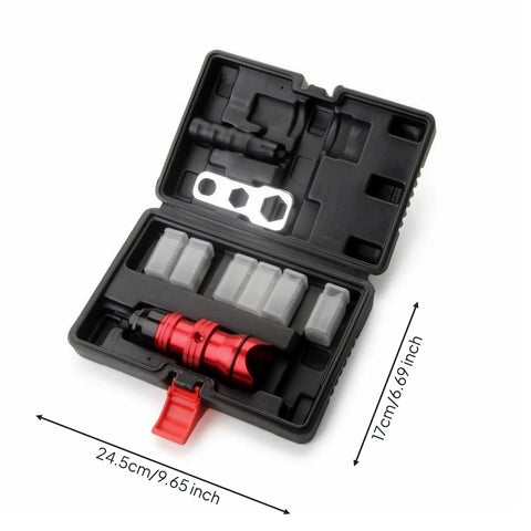 The Ultimate Electric Rivet Adapter Conversion Kit With Durable Aluminum Head For Heavy Duty Drills Plus A Slick Portable Case To Keep Gear Organized And Ready For Any Job Site Repair Hustle, red aluminum tool in black case