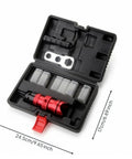 Heavy Duty Rivet Conversion Head Tool Kit With Multiple Sizes For Mechanics And Pros. Red Aluminum Alloy Body Plus Textured Black Grip Handle Set Offers Maximum Control Stability. Complete Accessory Suite Fits Various Needs. black case with red aluminum tool and size labels