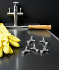 Six Set Stainless Steel M8 Wing Bolts With Hex Nuts For Easy DIY Install On Display Racks, Machine Panels And Furniture, Durable Butterfly Screws For One Hand Tightening And Strong Secure Clamps. Six stainless steel M8 wing bolts with hex nuts on a work surface.