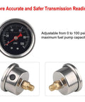 Heavy Duty EFI Fuel Pressure Regulator Kit With Adjustable 0 To 100 PSI Readings And Rock Solid 45mm Oil Filled Dial Gauge showing gauge and fittings.