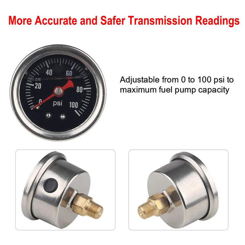Heavy Duty EFI Fuel Pressure Regulator Kit With Adjustable 0 To 100 PSI Readings And Rock Solid 45mm Oil Filled Dial Gauge showing gauge and fittings.