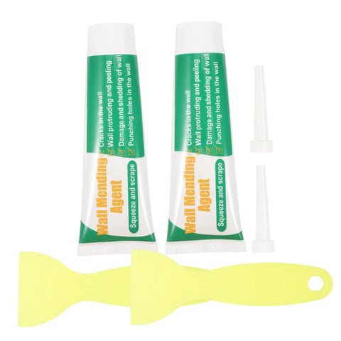 Drywall Repair Putty Paste For Quick Hole Patching And Wall Mending Cream with two tubes, nozzles, and yellow applicator spatula