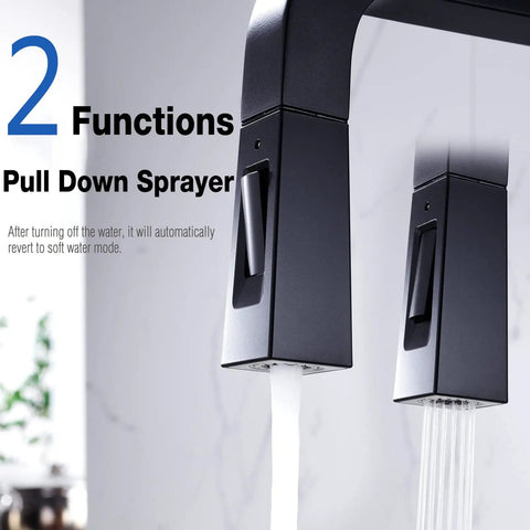 Brass Kitchen Faucet With Pull Down Sprayer, Square Matte Black Single Hole Bar Sink Faucet dual-function spray close-up.