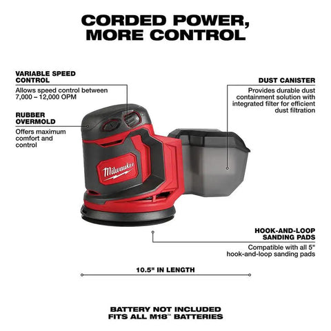 Kickass Five Inch Random Orbit Sander Bare Tool With Quick Variable Speed Dial And Smooth Finishing Muscle Plus Premium Heavy Duty Rolling Cart For Pro Shop Storage And Woodworking Builds showing variable speed control and dust canister.