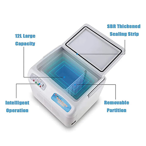 Road Ready Portable Insulin Cooler That Keeps Diabetes Meds And Breast Milk Chilled On The Car Ride With Digital Screen and Car USB Charger For No Sweat Cold Storage Always with lid open.