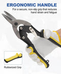 Heavy-Duty 4-Piece Tin Snips And Sheet Metal Bender Set, showing ergonomic handle of 10-Inch Aviation Snips with safety latch.