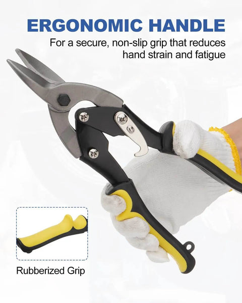 Heavy-Duty 4-Piece Tin Snips And Sheet Metal Bender Set, showing ergonomic handle of 10-Inch Aviation Snips with safety latch.