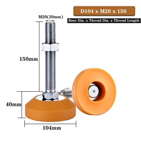 Rock Solid Adjustable Leveling Feet Four Pack Built Tough Carbon Steel Threaded Lifts with rubber base, 150mm height.
