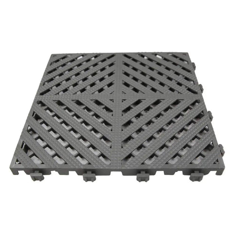 Gray Modular Interlocking Deck Tiles 13x13 Inch Heavy Duty For Garage Floors Car Wash Facilities Indoor Outdoor Use close-up view